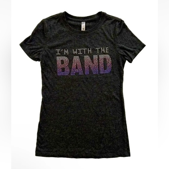 ‘I’m With The Band’ Rhinestone T Shirt in Dark Charcoal Grey, NWOT New- Size XS - Picture 3 of 6